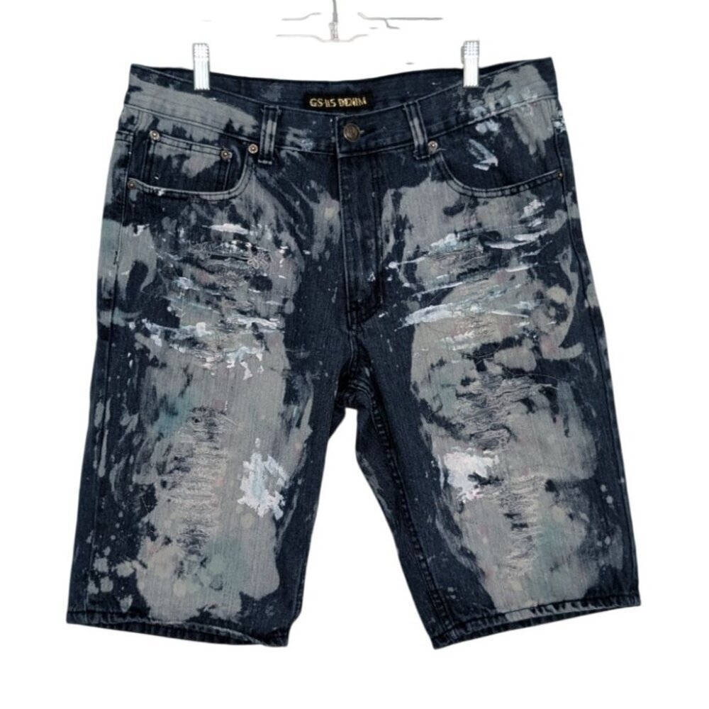 GS 115 Distressed Denim Shorts Mens Size 36 Blue Cotton Blend Casual Hip Hop